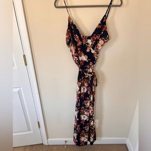 Floral print floor length wrap dress with spaghetti straps